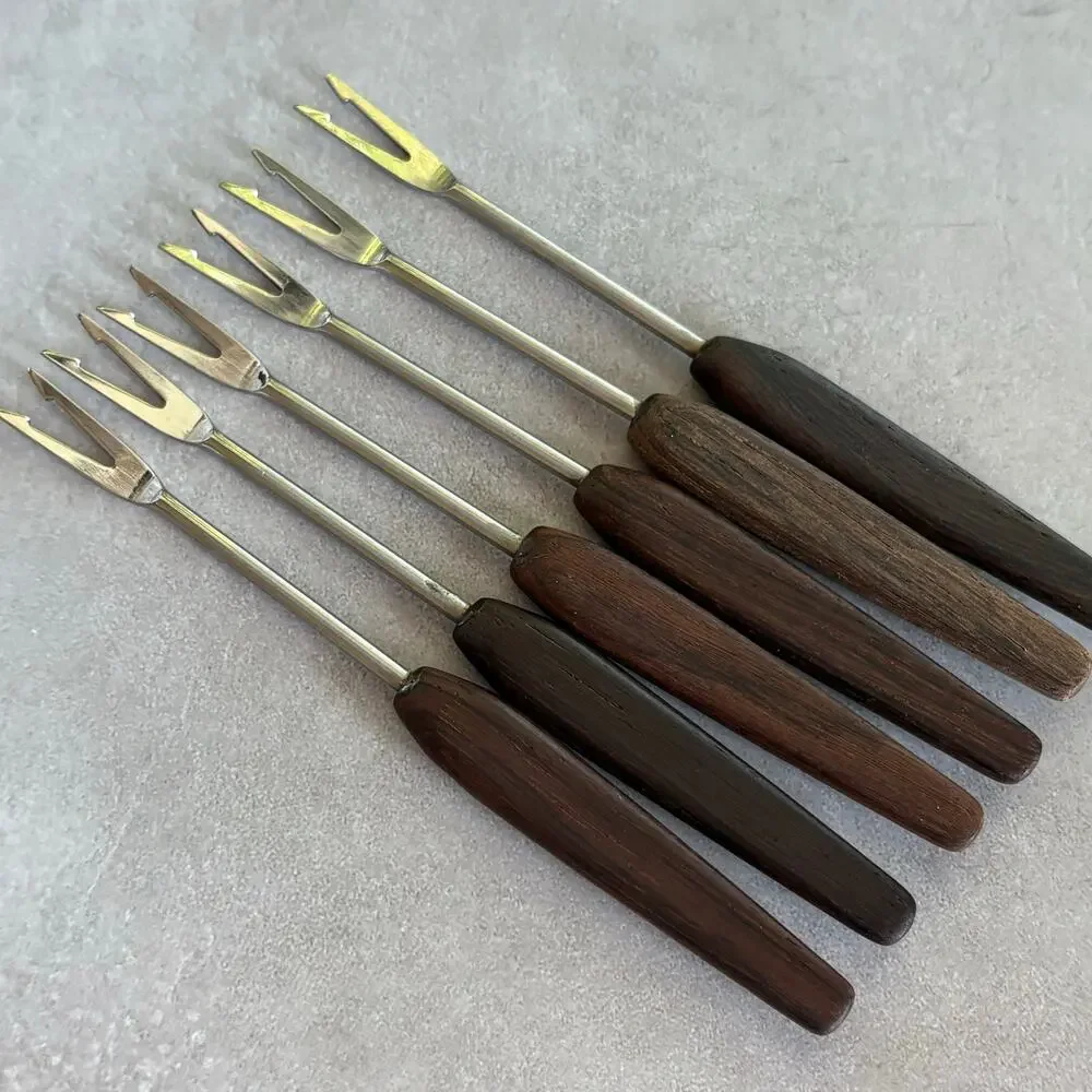 Vintage Stainless Germany Appetizer Forks Wood Handle Set of 6